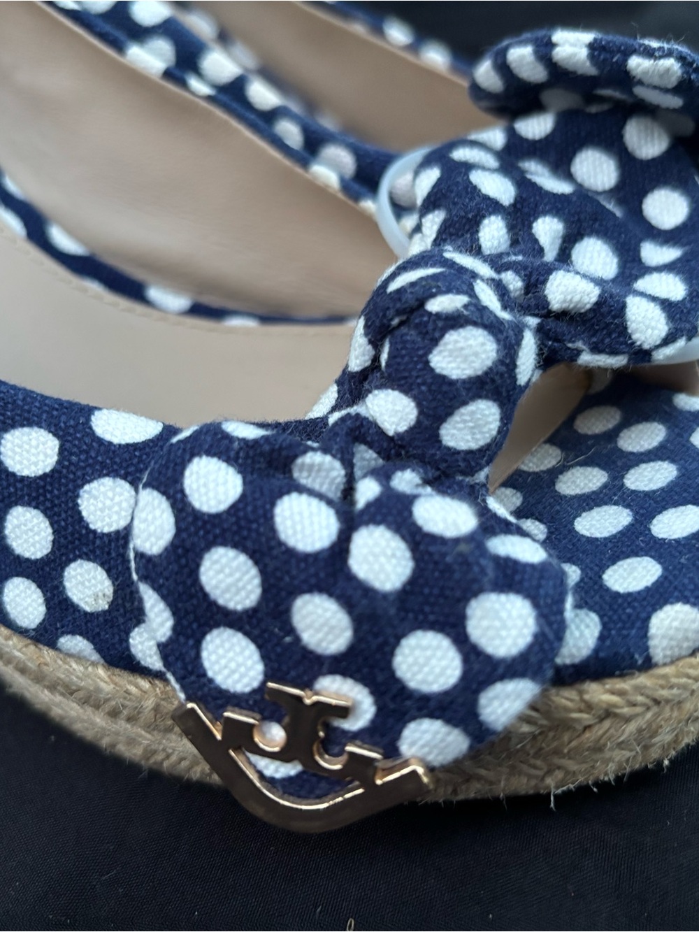 Tory Burch Navy and White Polka Dot Bow Peep-Toe Heels - Picture 4 of 13